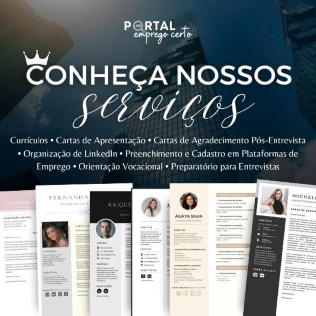 📢 Conheça os nossos serviços profissionais para conseguir seu emprego!

No Portal Emprego Certo, transformamos a forma que você se apresenta no mercado. Com serviços completos e personalizados, ajudamos você a se destacar e conquistar a sua vaga:

✅ Currículo Profissional
✅ Carta de Apresentação
✅ Carta de Agradecimento Pós-Entrevista 
✅ Organização de LinkedIn
✅ Cadastro e Preenchimento em Plataformas de Emprego
✅ Orientação Vocacional
✅ Preparatório para Entrevistas

Tudo realizado com estratégia, cuidado, foco e direcionamento para aumentar as suas chances de recolocação e desenvolvimento profissional.

✨ Quer saber como funciona? Clique no link abaixo e saiba mais:
🌐 https://portalempregocerto.com/nossos-servicos

#recolocacaoprofissional #curriculo #linkedin #entrevistadeemprego
#cartadeapresentacao #orientacaovocacional #portalempregocerto
#empregabilidade #vagas #conquistesuavaga
